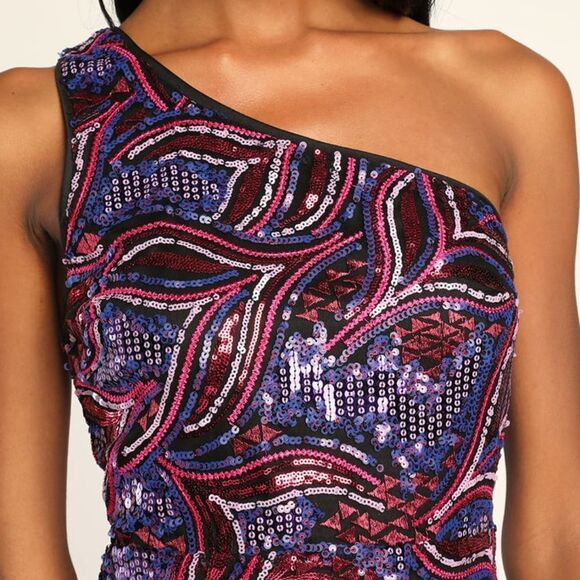 NWT Lulu's Make a Statement Pink Sequin One-Shoulder Bodycon Mini Dress - Picture 2 of 6